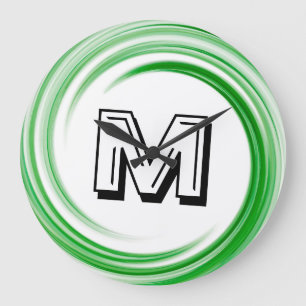 Abstract Green Swirl Monogram Große Wanduhr