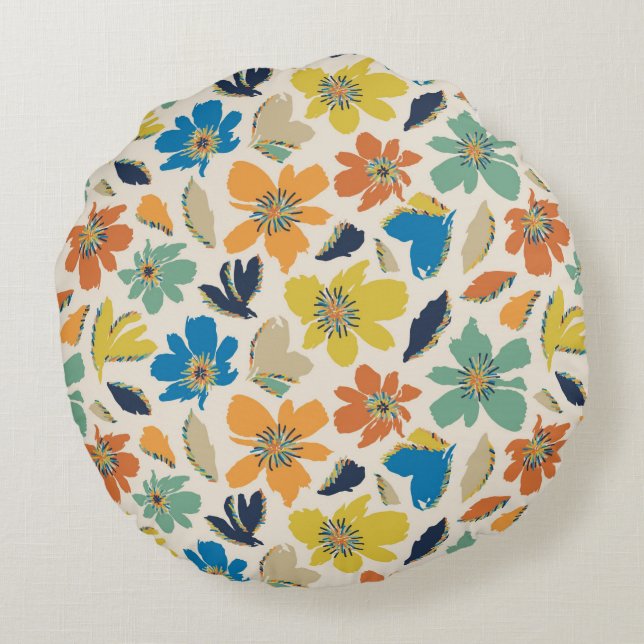 Abstract Hand-Drawn Boho Floral Pattern Rundes Kissen (Rückseite)