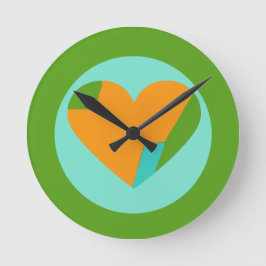 Abstract Heart Green Teal Orange Circle Runde Wanduhr