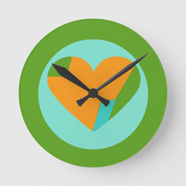 Abstract Heart Green Teal Orange Circle Runde Wanduhr (Vorderseite)