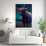 Abstract Highland Cow In A Field At Night Colorful Leinwanddruck<br><div class="desc">Abstract Highland Cow In A Field At Night Colorful Canvas Print. Beautiful modern cow in a rural pasture at night surrounded by stars.</div>
