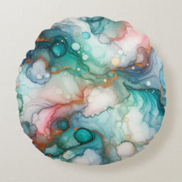 Abstract in Pink, Teal, Blue, and Gold Rundes Kissen