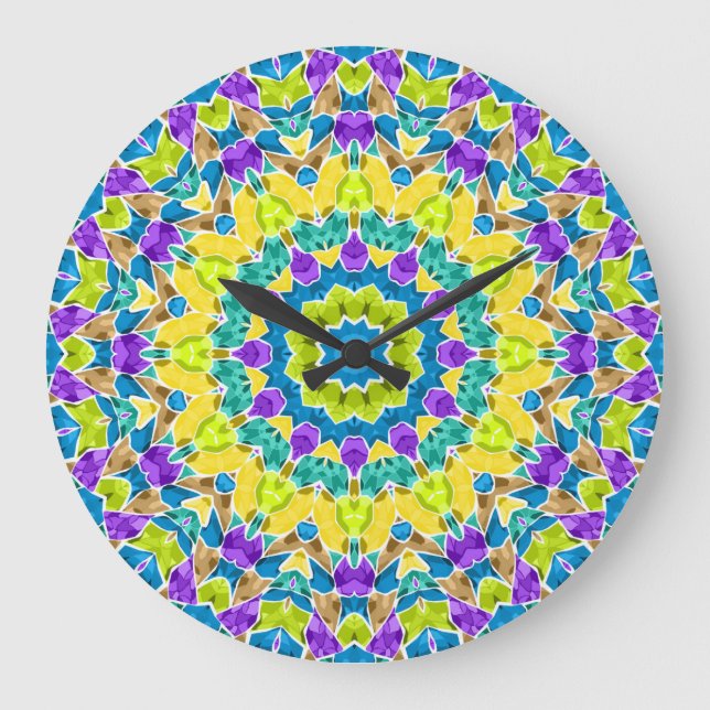 Abstract modern mosaic kaleidoscopic tile pattern große wanduhr (Vorderseite)
