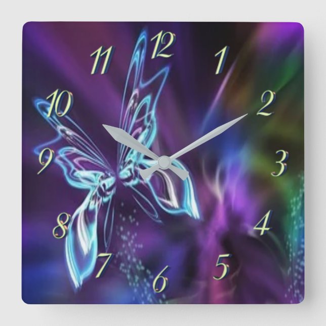 Abstract Neon Blue Purple Butterfly Fractal Art Quadratische Wanduhr (Vorderseite)
