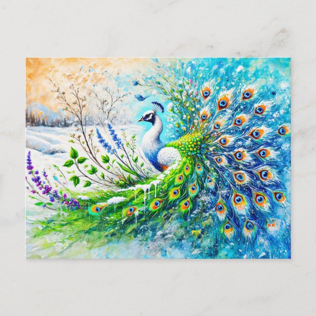 Abstract Peacock in Spring with Snow and Flower Postkarte (Vorderseite)