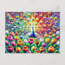Abstract Peacock with Colorful Tulips in Paint Postkarte
