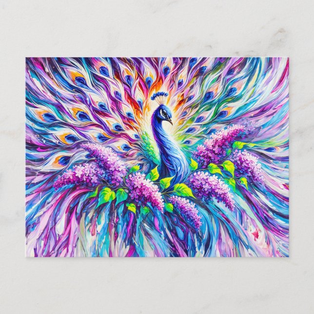 Abstract Peacock with Lilac Blossoms in Oil Postkarte (Vorderseite)