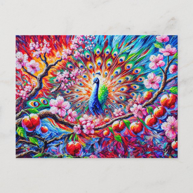 Abstract Peacock with Peach Tree in Colorful Paint Postkarte (Vorderseite)