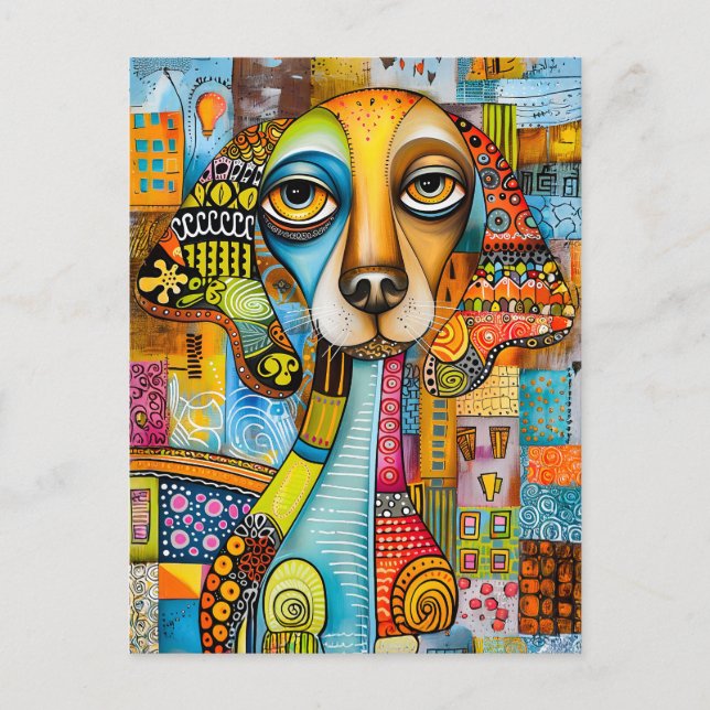 Abstract pop-art dog faces in cheerful colors.  postkarte (Vorderseite)
