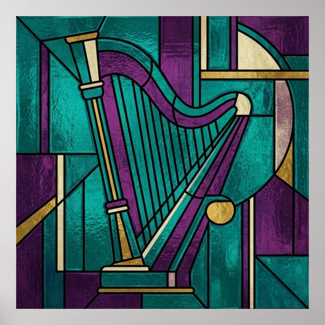 Abstract Stained Glass Harp Poster Teal and Purple (Devant)