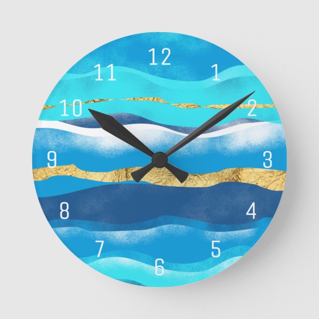 Abstract Summer Tropical Beach Blue Gold Waves Runde Wanduhr (Vorderseite)