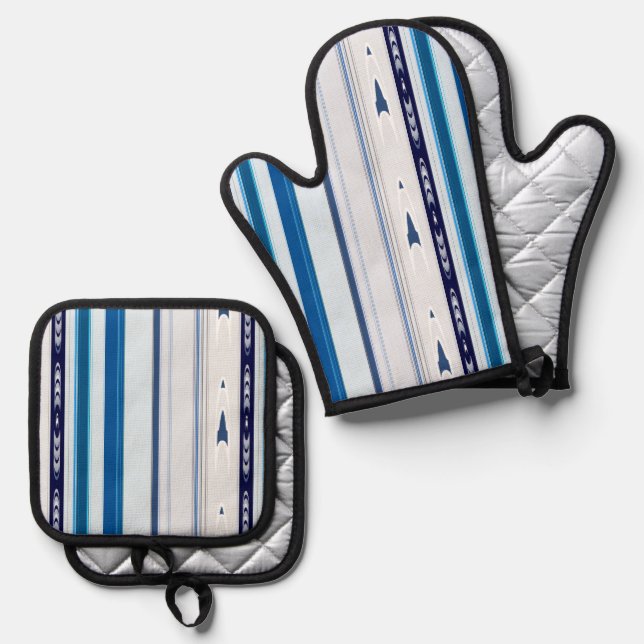Abstract Symphony in Blue 5 (Vertical Lines) Ofenhandschuh & Topflappen-Set (Vorderseite/Rückseite)