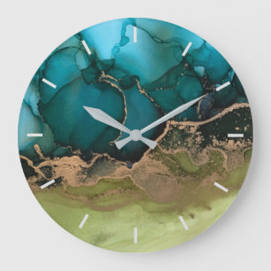 Abstract Teal Black Green Gold Without Numbers Große Wanduhr