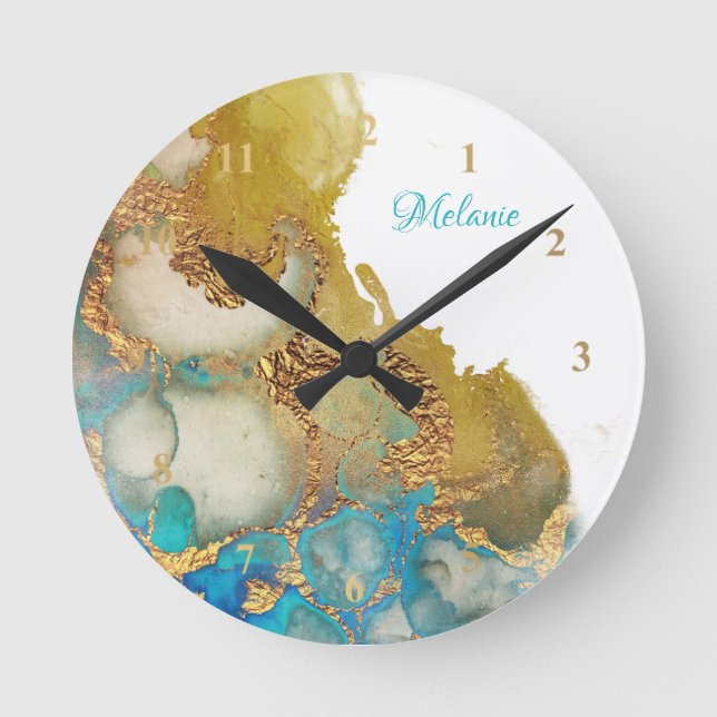 Abstract Teal Gold Agate Watercolor Runde Wanduhr (Vorderseite)