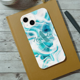 Abstract Teal White Liquid Paint Chic Script Name iPhone 14 Hülle