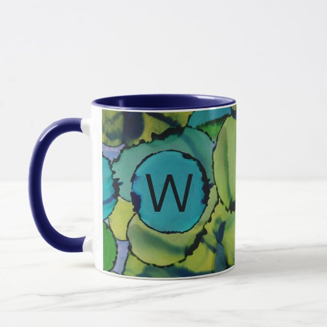 Abstract Watercolor Green Teal Blue Monogram Mug Tasse (Links)