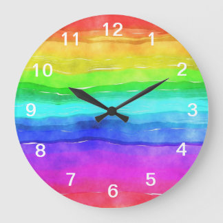 Abstract Watercolor Painted Stripes Rainbow Große Wanduhr
