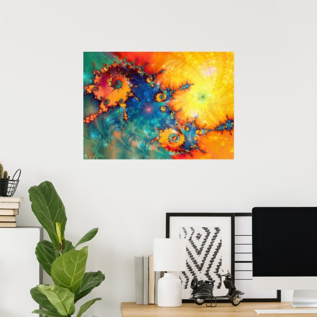 ABSTRACTE ORANGE BLAUE FRACTAL-KUNST POSTER (Heimbüro)