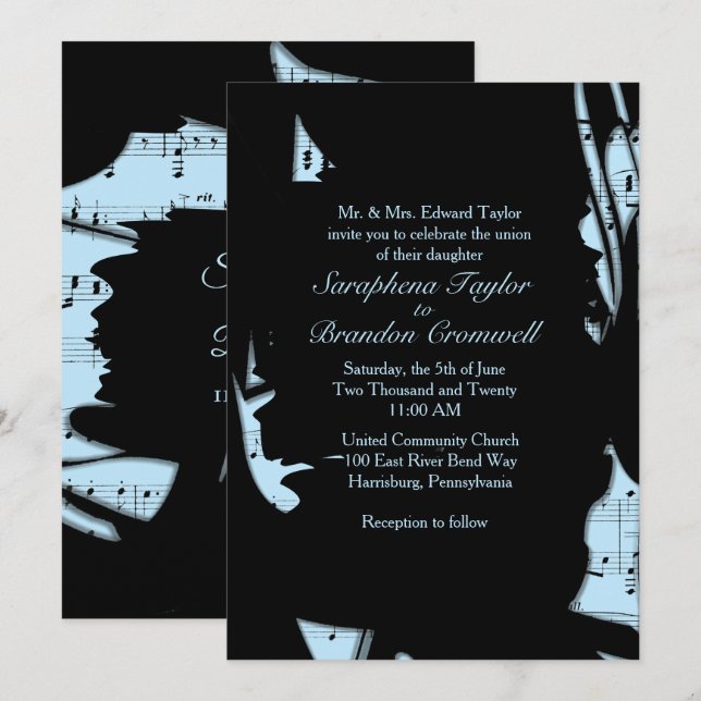 Abstrait Black and Blue Music Faire-part de mariag (Devant / Derrière)