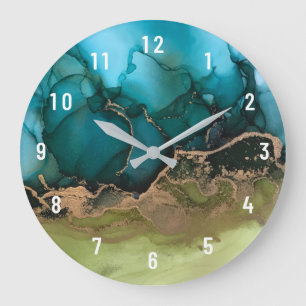 Abstrait Black Aqua Green Gold Grande horloge