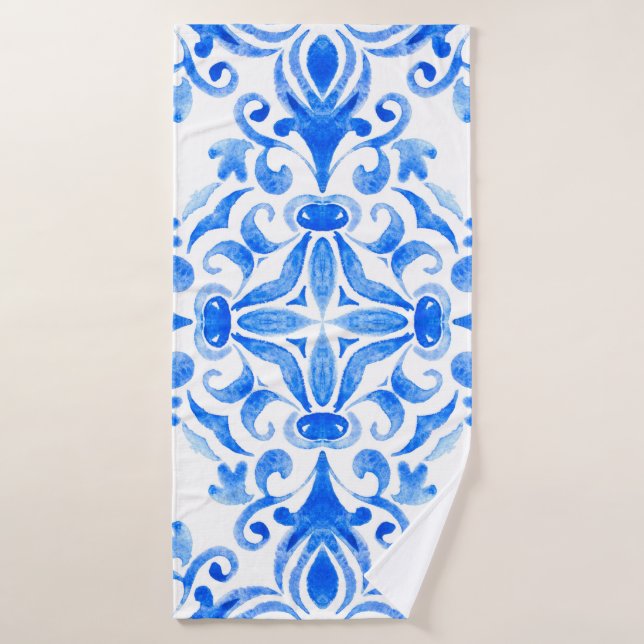 Abstrait bleu et blanc dessiné à la main sans cout (Serviette de bain)