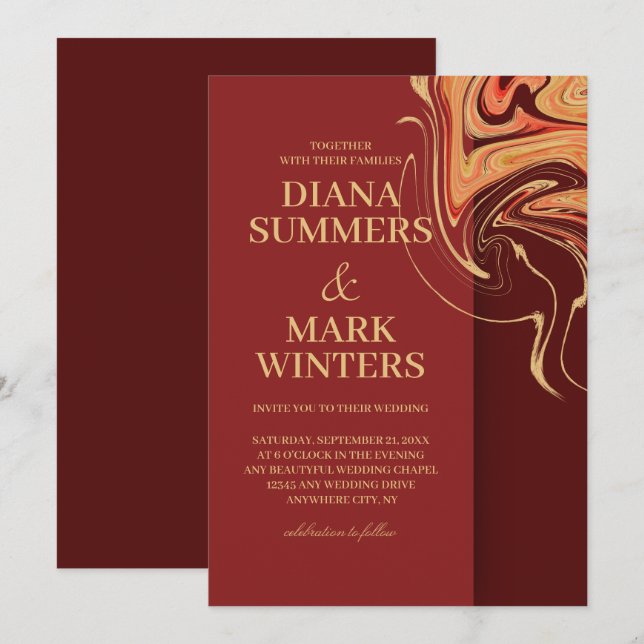 Abstrait moderne rouge et beige. Faire-part de mar (Devant / Derrière)