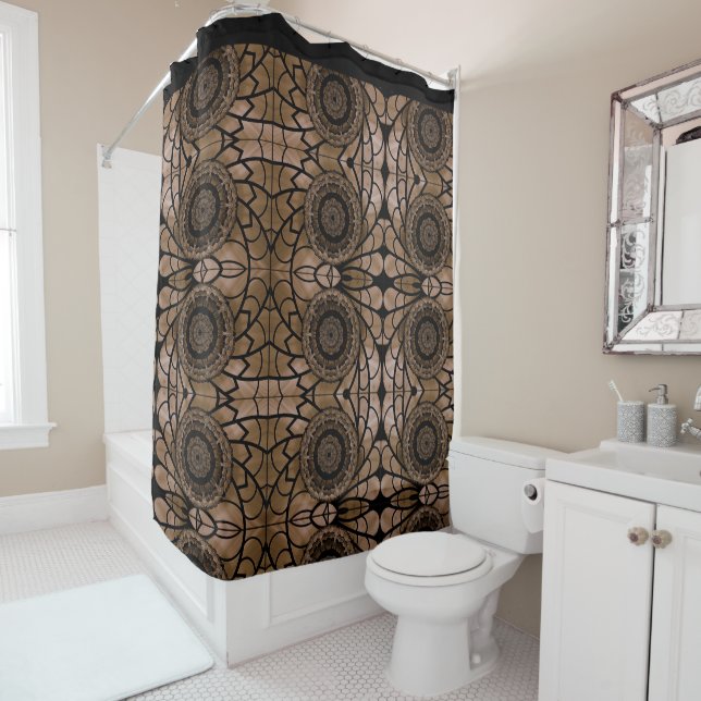 Abstrait rideau de douche florale noir et tan (En situation)