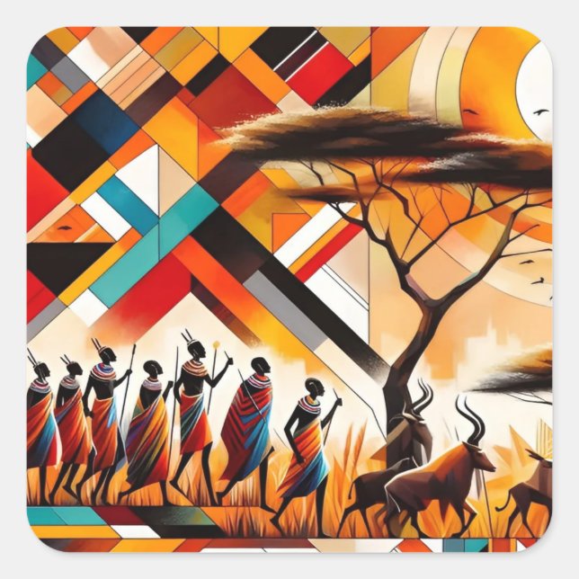 Abstrakt African Art Masai Geometric Quadratischer Aufkleber (Vorderseite)