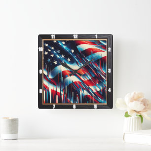 Abstrakt American Flag Patriotic Quadratische Wanduhr