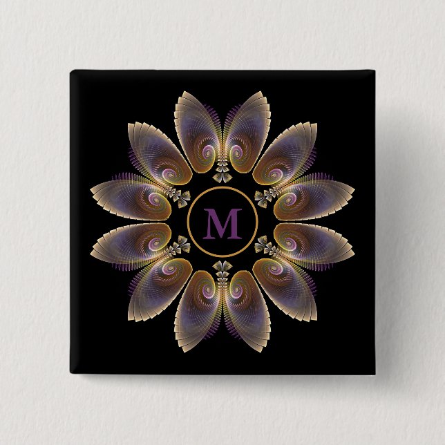 Abstrakt Angel Wings Mandala Fraktal Monogram Button (Vorderseite)