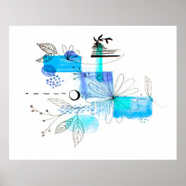 Abstrakt Art Black Floral Blue und Grau Poster