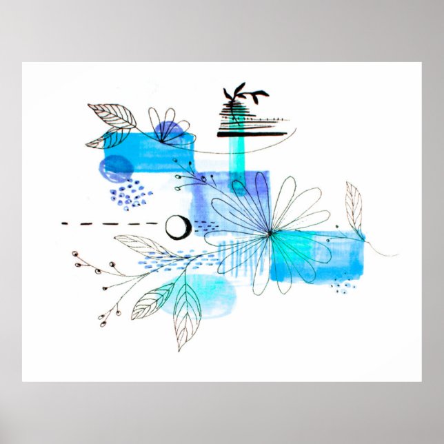 Abstrakt Art Black Floral Blue und Grau Poster (Vorne)