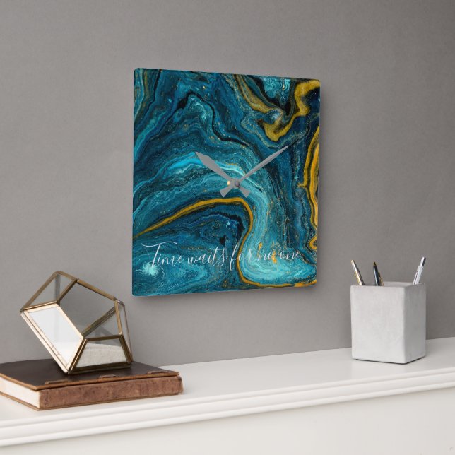Abstrakt Art Blue Green Gold Marmor Quadratische Wanduhr (Büro)