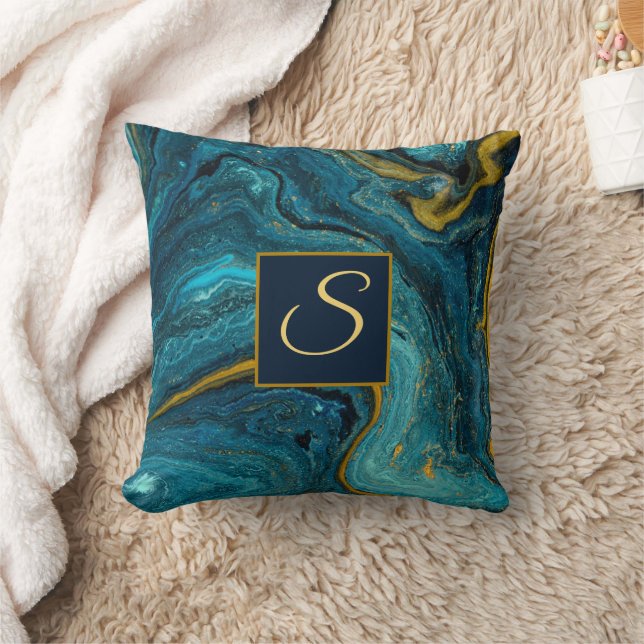 Abstrakt Art Blue Green Gold Staubmarmor Kissen (Decke)