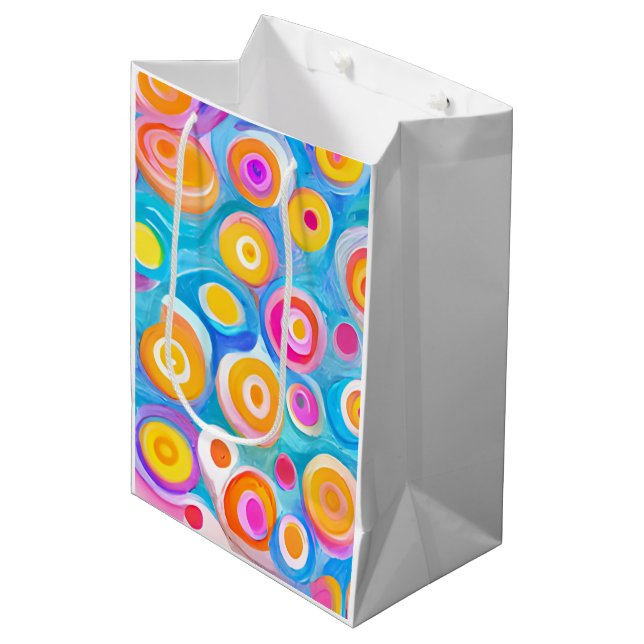 Abstrakt Art Circles farbenfroher, heller Spaß Mittlere Geschenktüte (Vorderseite Schrägansicht)