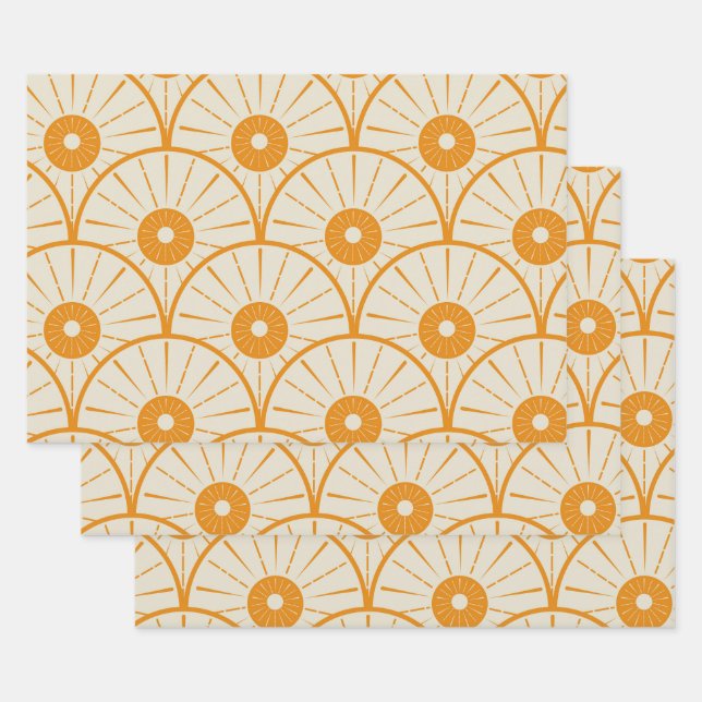 Abstrakt Art Deco Sun Muster Orange Geschenkpapier Set (Set)