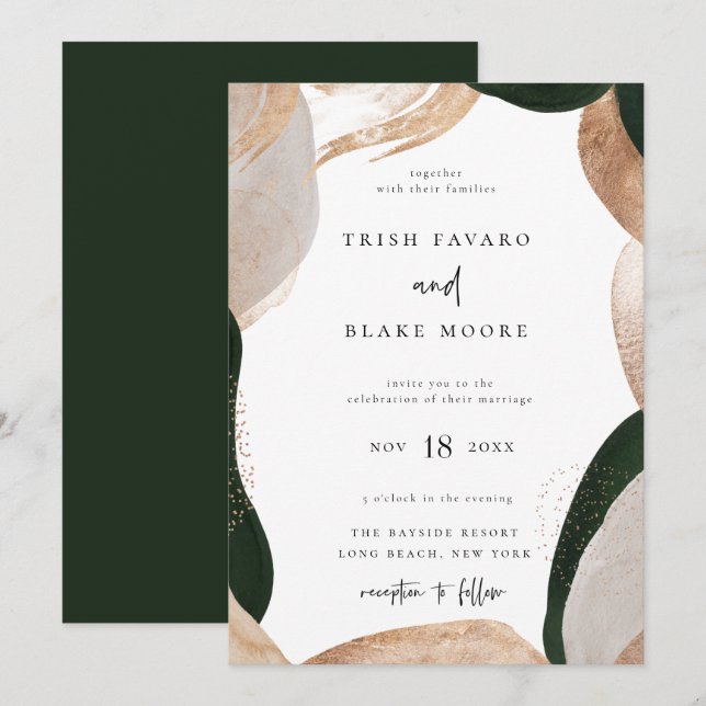 Abstrakt Art Frame Green Gold Wedding Einladung (Vorne/Hinten)