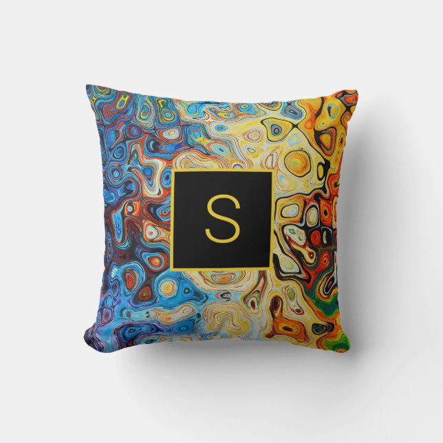 Abstrakt Art Modern Monogram Yellow Orange Blue Kissen (Vorderseite)