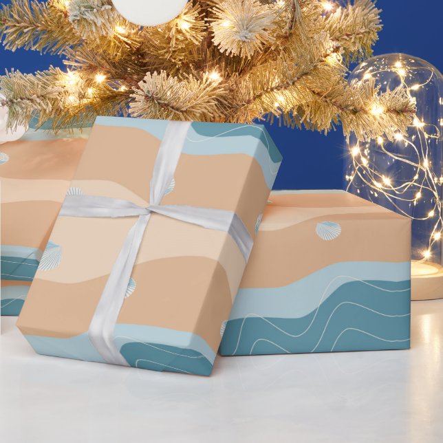 Abstrakt Beach Pattern Wave Lines Blue Sand Musche Geschenkpapier (Feiertage)