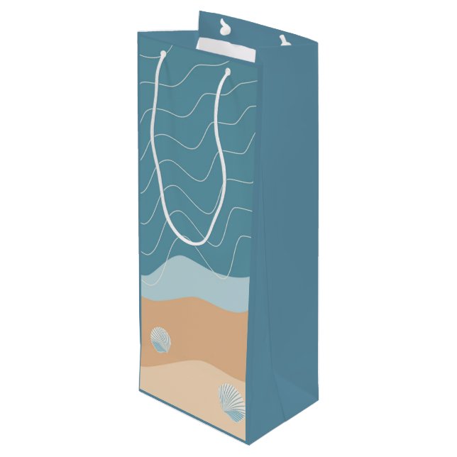 Abstrakt Beach Pattern Wave Lines Blue Sand Musche Geschenktüte Für Weinflaschen (Rückseite Schrägansicht)