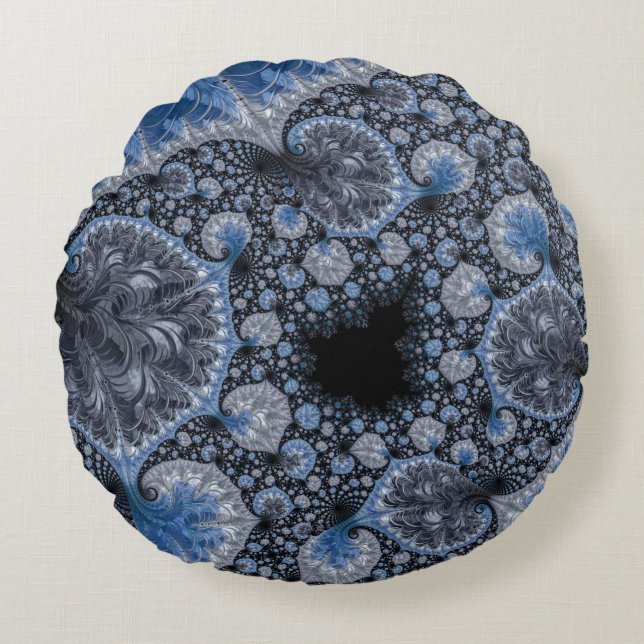 Abstrakt Black Blue Fraktal Rundes Kissen (Vorderseite)
