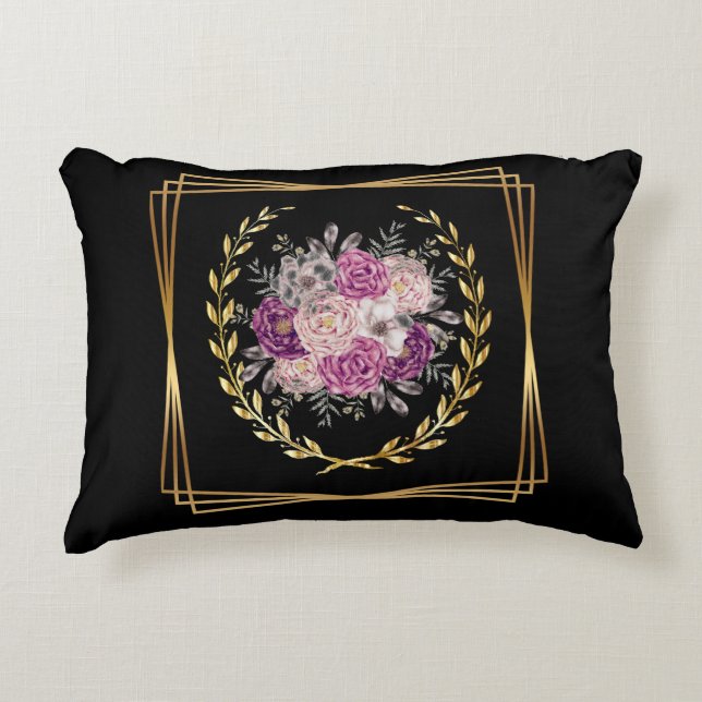 Abstrakt Black Gold Lila Blütenlaurel Wreath Dekokissen (Vorderseite)
