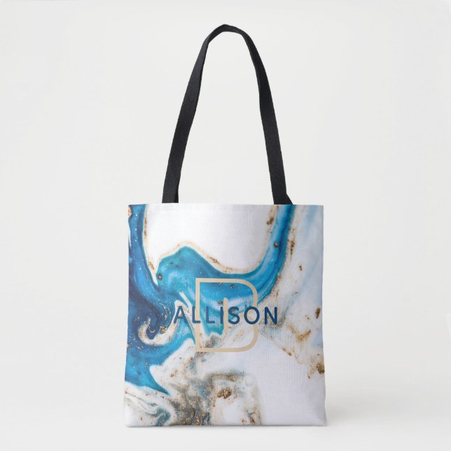 Abstrakt-Blaue-Goldmarmor-Monogramm Tasche (Vorderseite)