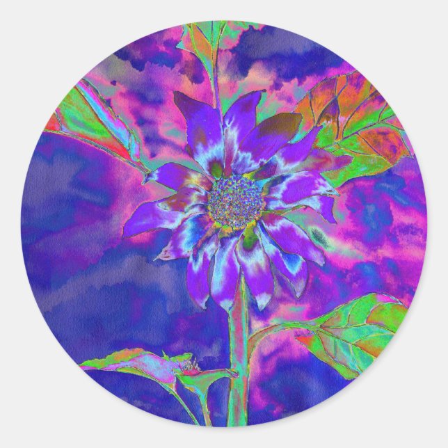 Abstrakt-blaue lila Sonnenblume | Retrofunky Runder Aufkleber (Vorderseite)