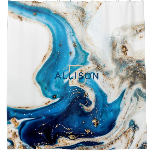 Abstrakt-blaues Goldmarmor-Monogramm Duschvorhang (Vorderseite)