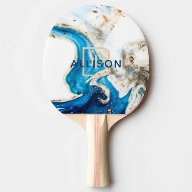 Abstrakt-blaues Goldmarmor-Monogramm Tischtennis Schläger (Vorderseite)