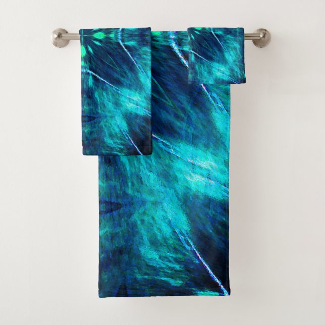 Abstrakt Bloom Aqua und Blue Fraktal Design Badhandtuch Set (Insitu)