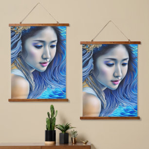 Abstrakt Blue Fantasy Woman Surrealismus Art Wandteppich Mit Holzrahmen