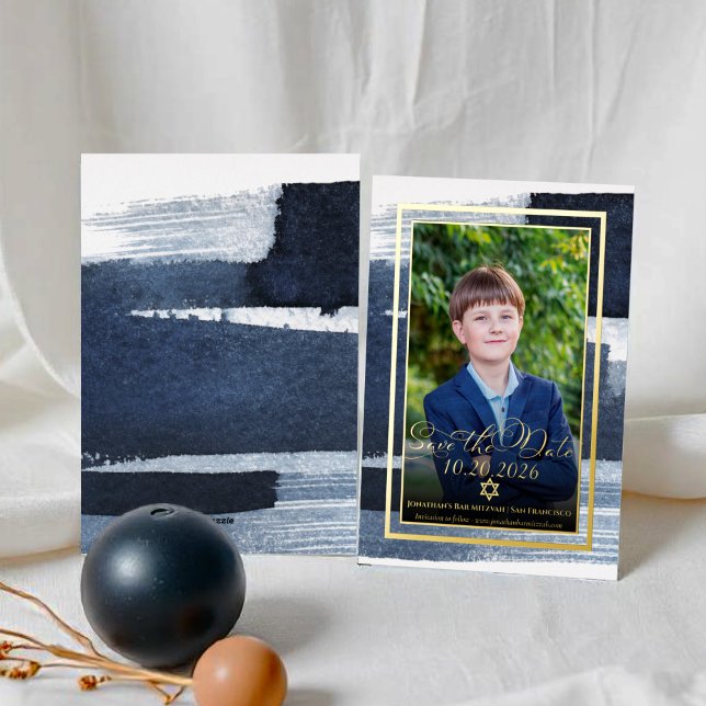 Abstrakt Blue Foto Bar Mitzvah Save the Date Real Folieneinladung (Von Creator hochgeladen)