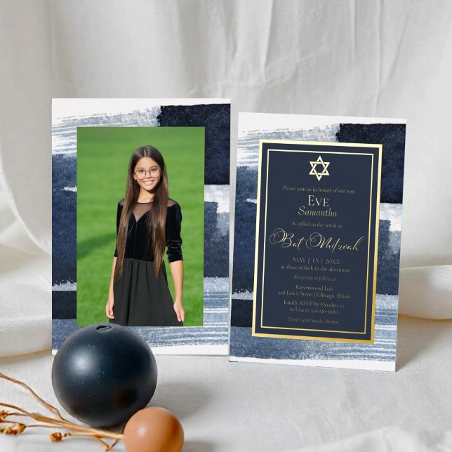 Abstrakt Blue Gilded Foto Bat Mitzvah Real Folieneinladung (Von Creator hochgeladen)